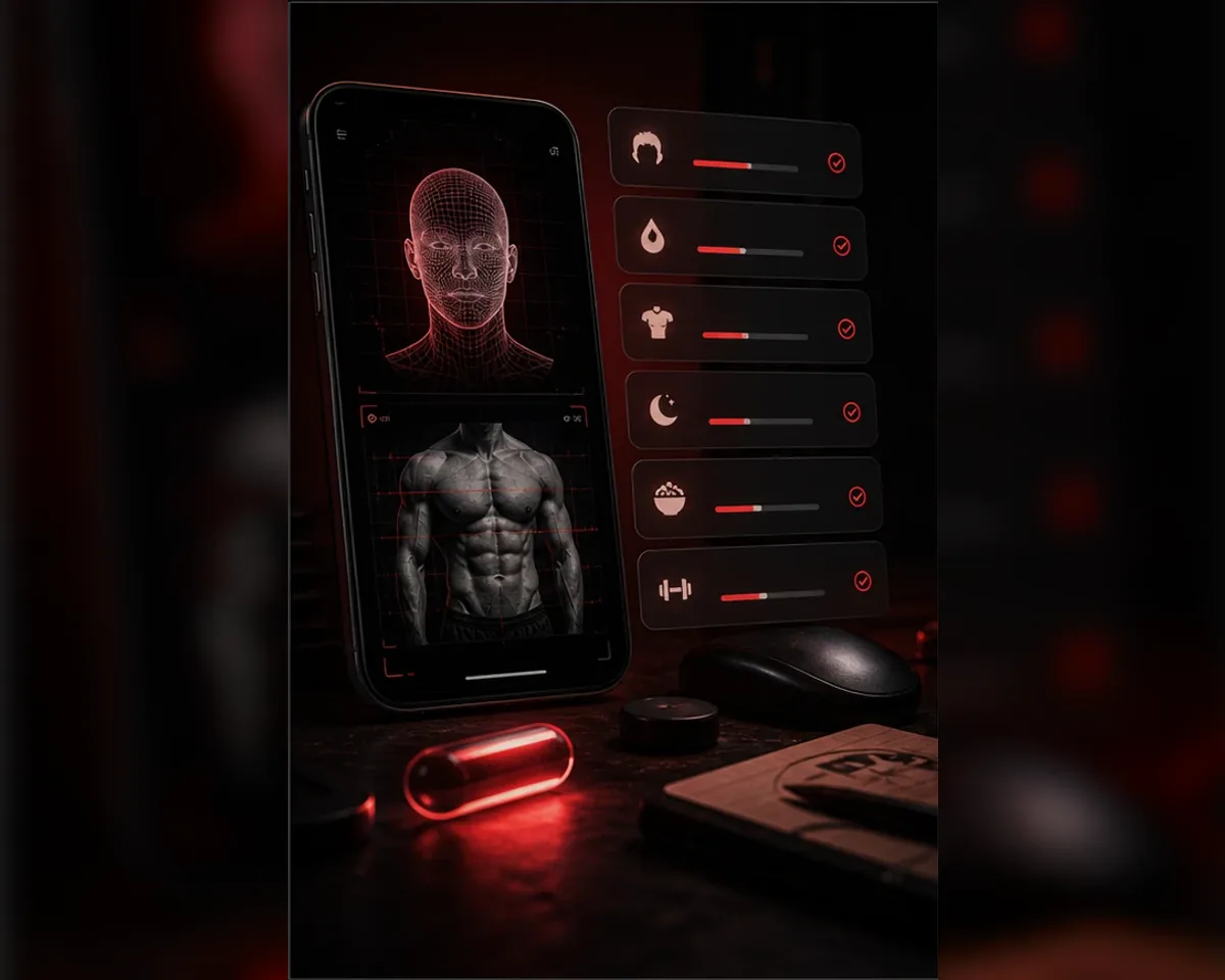 Dark red progress dashboard with anonymous face scan, body scan, checklist cards, and glowing red pill