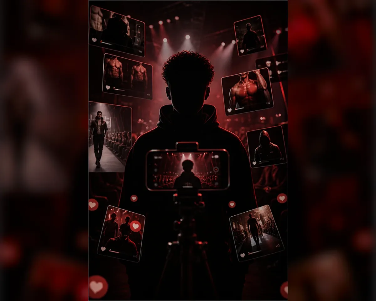Anonymous faceless creator silhouette filming into a phone with runway spotlights and floating red-black clip cards
