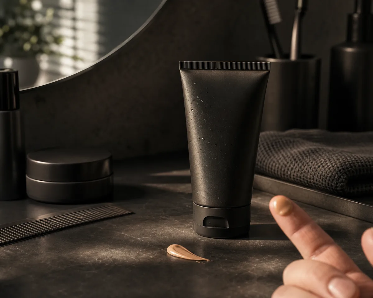 Premium men's bathroom counter cover with unbranded tinted sunscreen and grooming items
