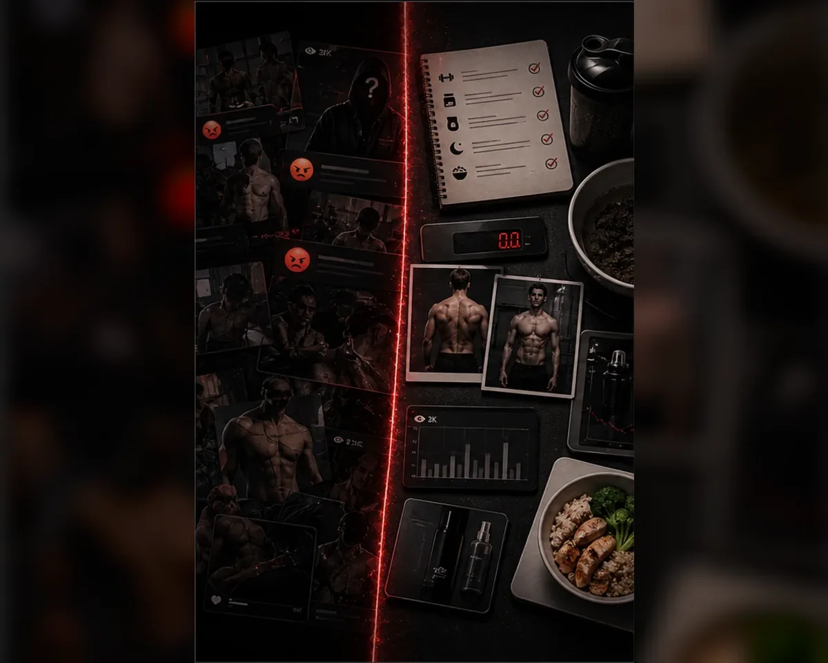 Split dark editorial board contrasting chaotic forum clips with clean routine cards, food, skincare, gym log, and progress photos