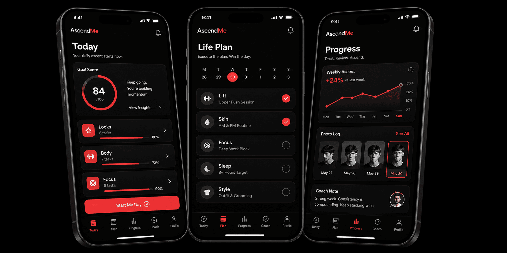 AscendMe iOS app UI mockups showing Today, Life Plan, and Progress screens